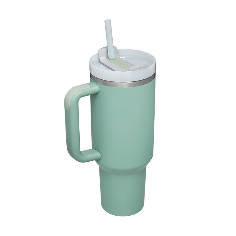 40oz insulated travel tumbler with straw and handle, mint green body with gray rim