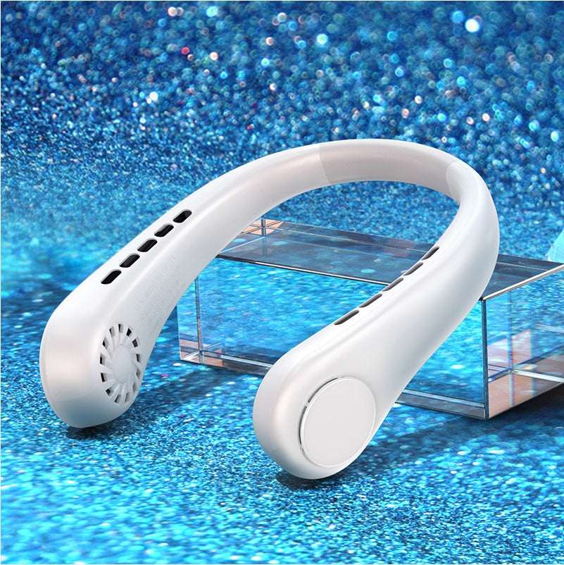 White bladeless portable neck fan with arched ring, vent openings, and white control pad