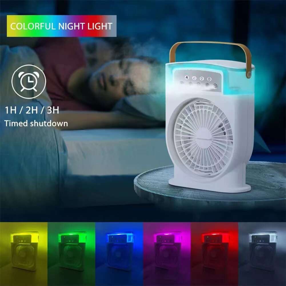 Portable USB cooling fan with colorful LED light and front grille, orange handle