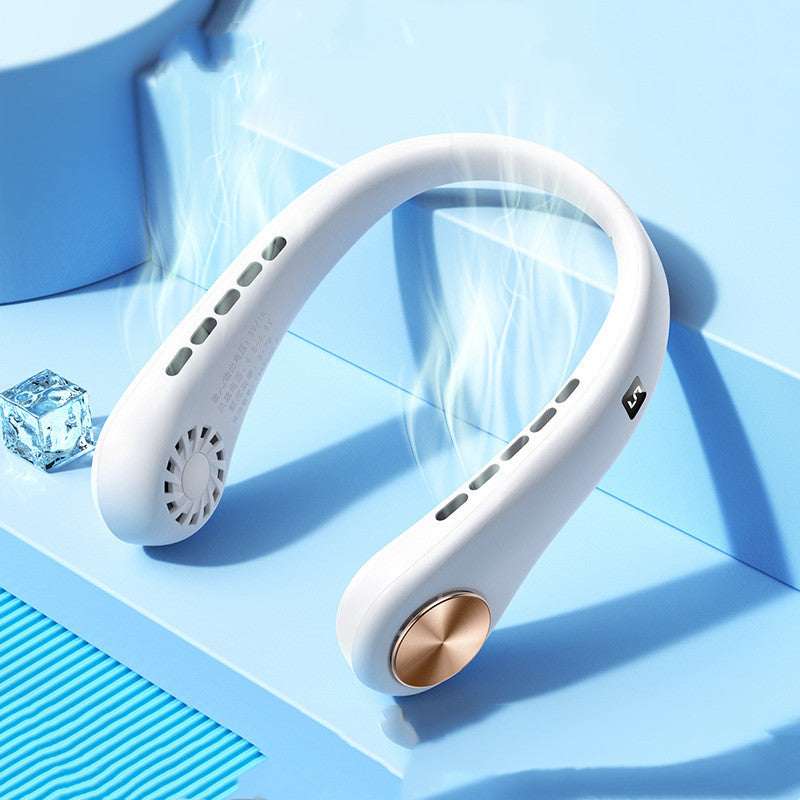White bladeless portable neck fan with arched ring, vent openings, and gold control knob