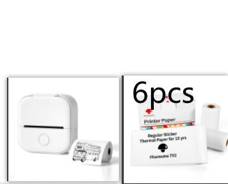 Portable mini thermal label printer with label roll and 6-pack printer paper box