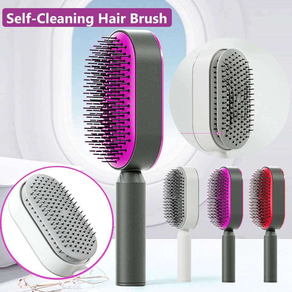 Self-cleaning hair brush set with purple pin pad, dark handle, and white base