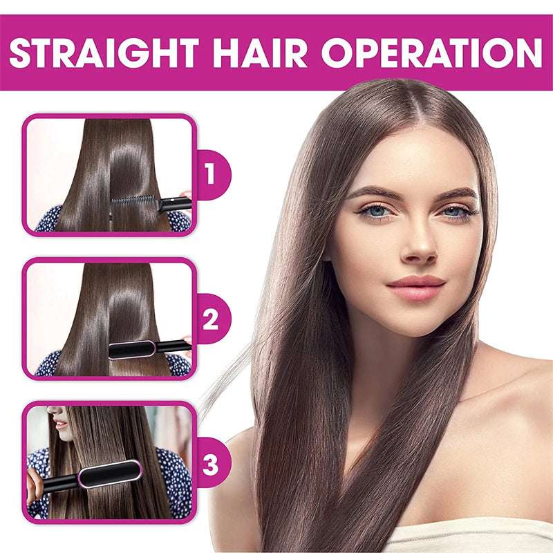 Hair straightening hot comb with flat heating plates shown in three steps