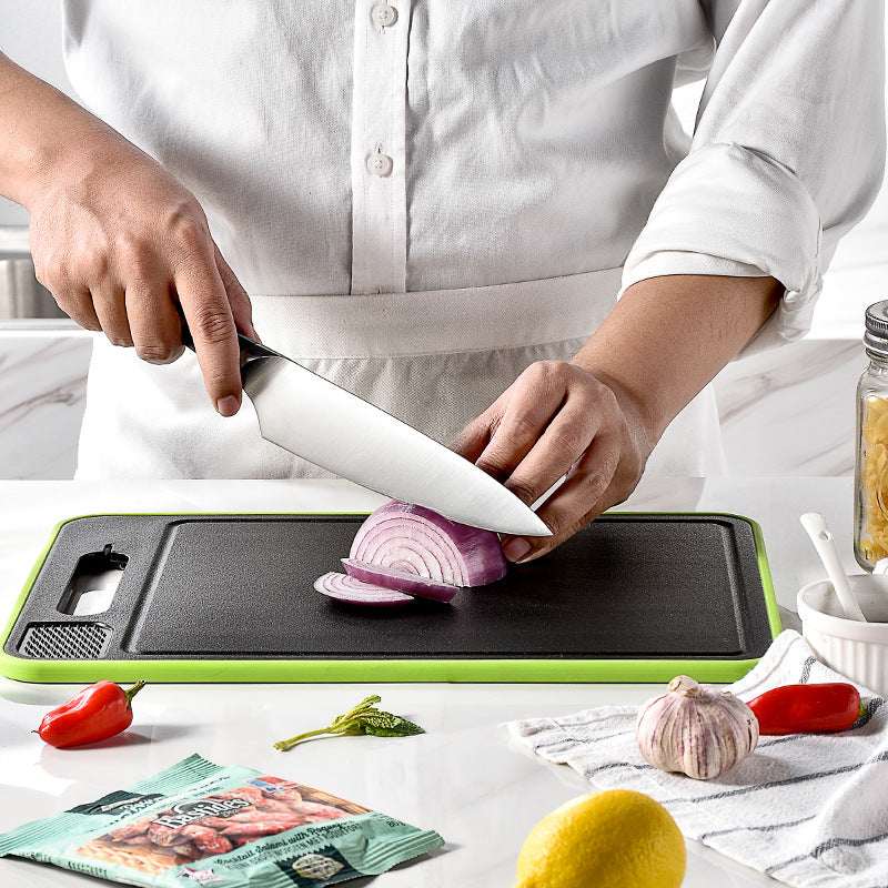 Grey square cutting board with double sides, knife sharpener and black surface
