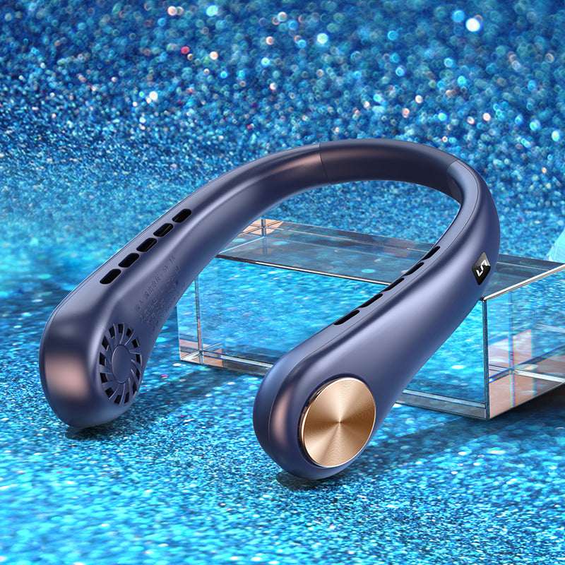 Dark blue bladeless portable neck fan with arched ring and gold-toned control knob