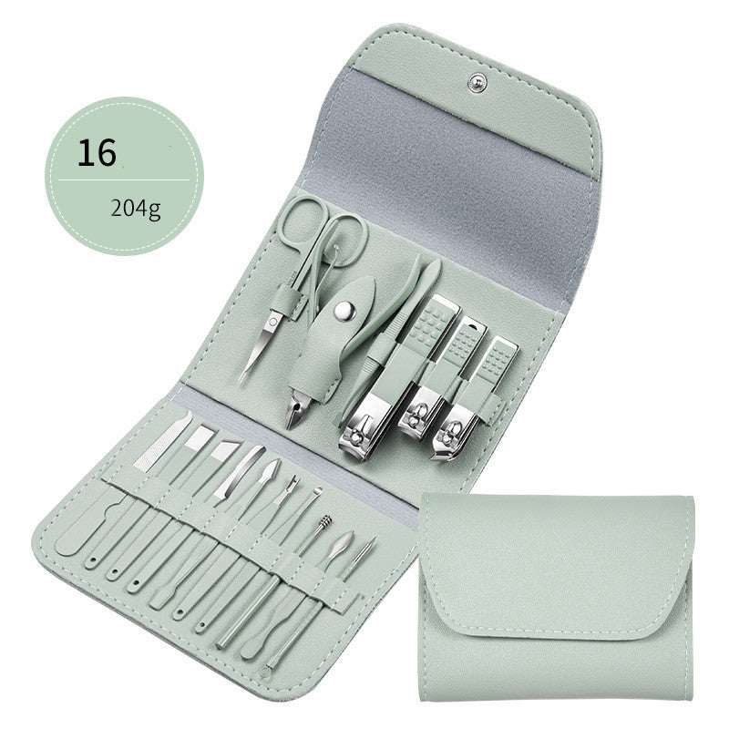 Nail care tool set in light gray roll-up case with clippers, scissors, and files