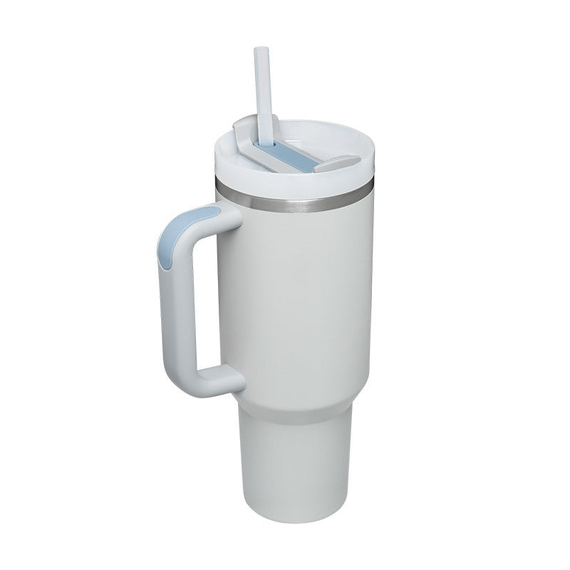 40oz insulated travel tumbler with straw and handle, white body with light blue handle