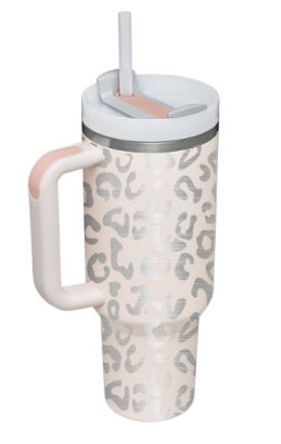 40oz insulated travel tumbler with straw and handle, leopard print body with pink handle