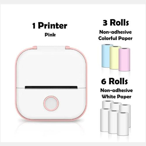 Pink mini label printer with colorful non-adhesive paper rolls and white paper rolls