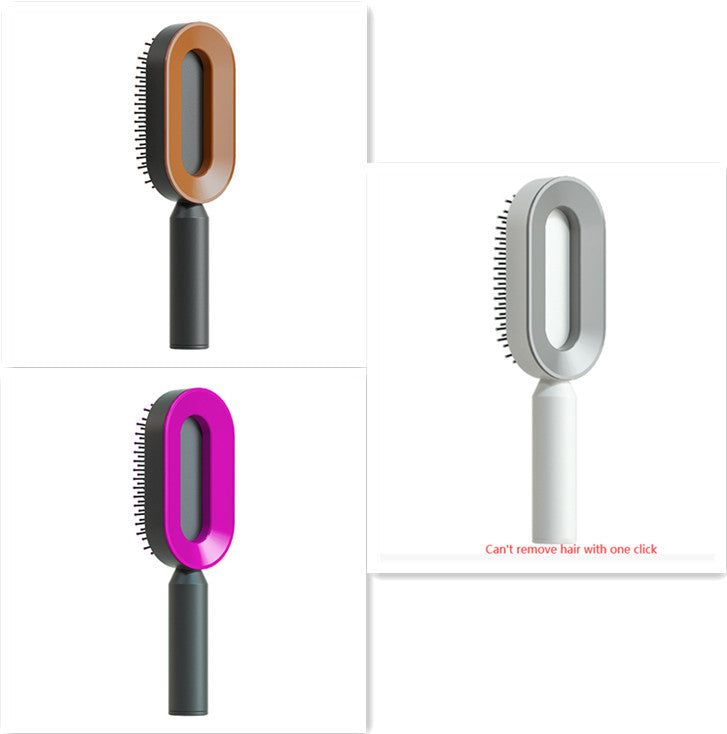 Self-cleaning hair brush with orange oval head on black handle; also shows gray and purple versions.