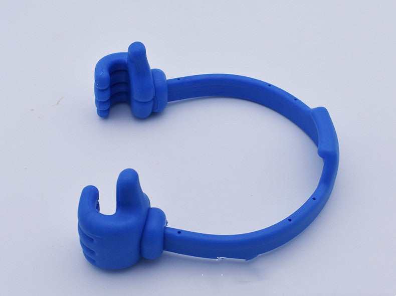 Blue thumb phone and tablet stand with two finger-grip supports along the loop.