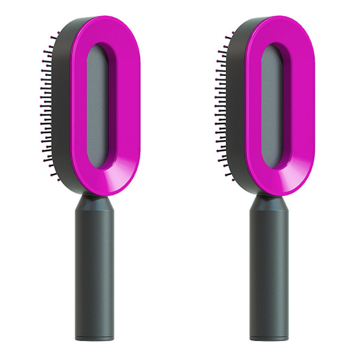 Self-cleaning hair brush with purple oval cleaning head and dark gray handle, hair pick bristles visible.