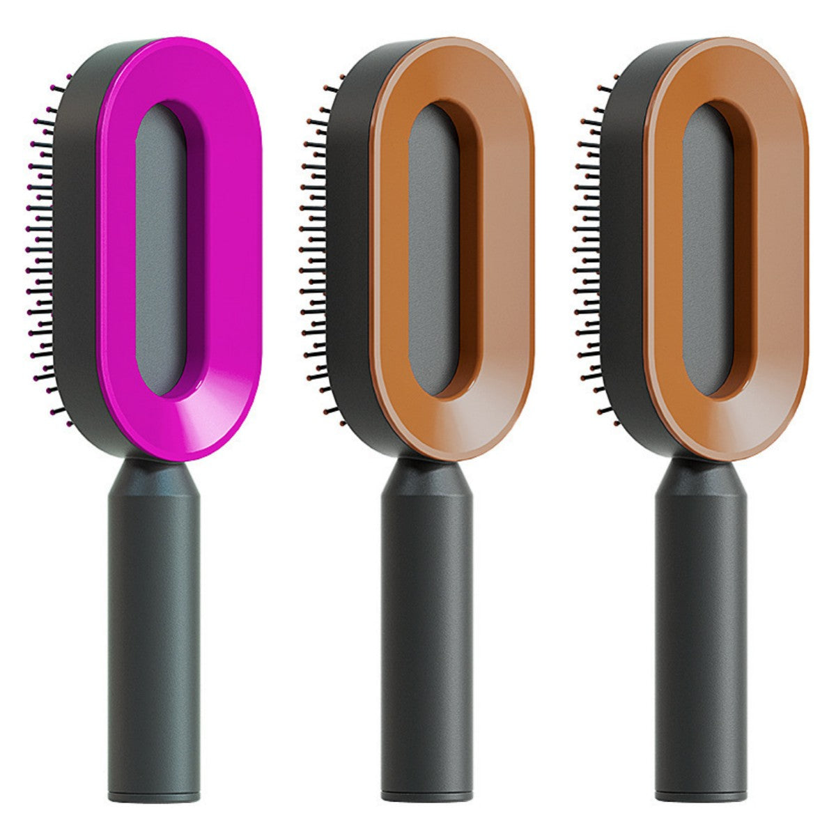 Self-cleaning hair brush set with three oval bristle pads: purple, tan, and dark