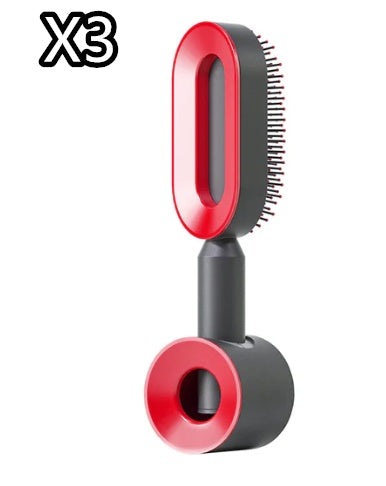 Self-cleaning hair brush with oval bristle pad in red and gray base, dark handle