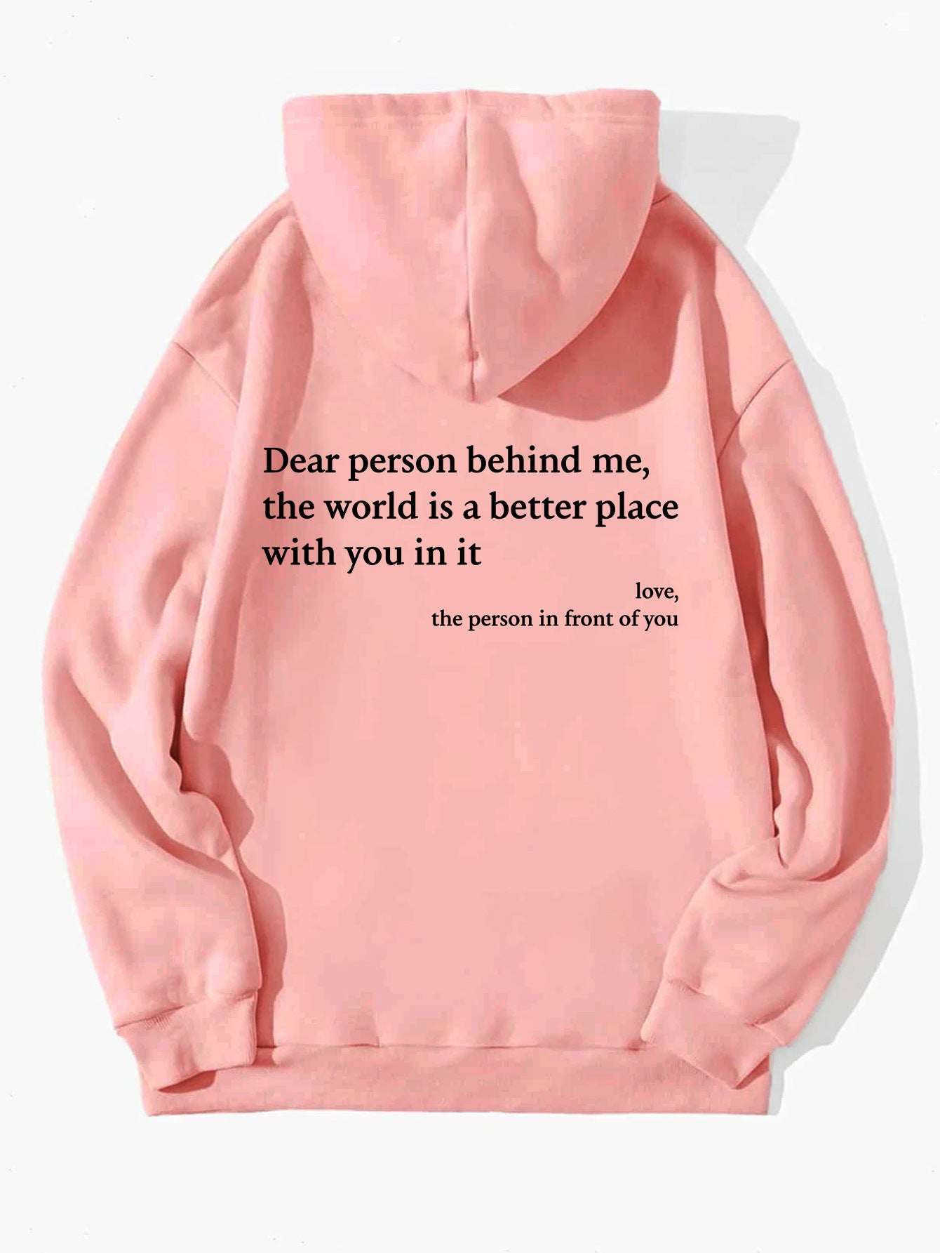Pink plush hoodie with hood, kangaroo pocket and drawstring, letter print on chest
