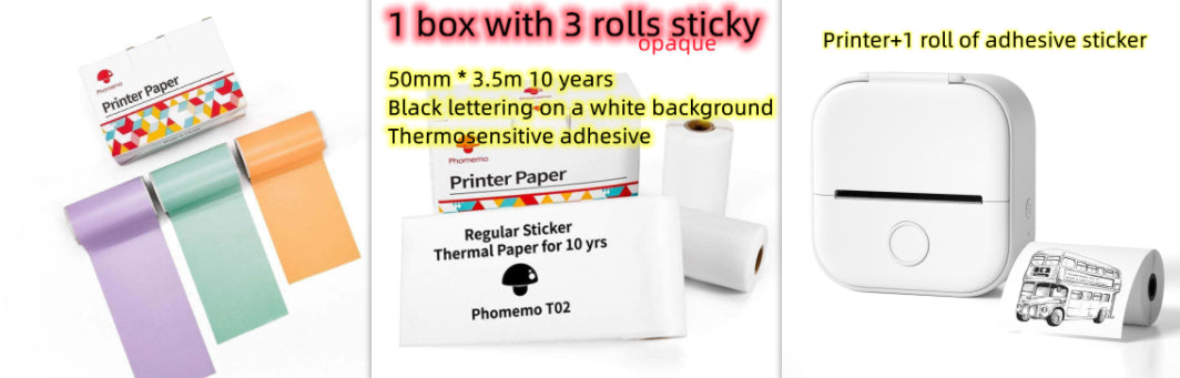 Portable mini thermal label printer kit with printer paper rolls and adhesive sticker roll.