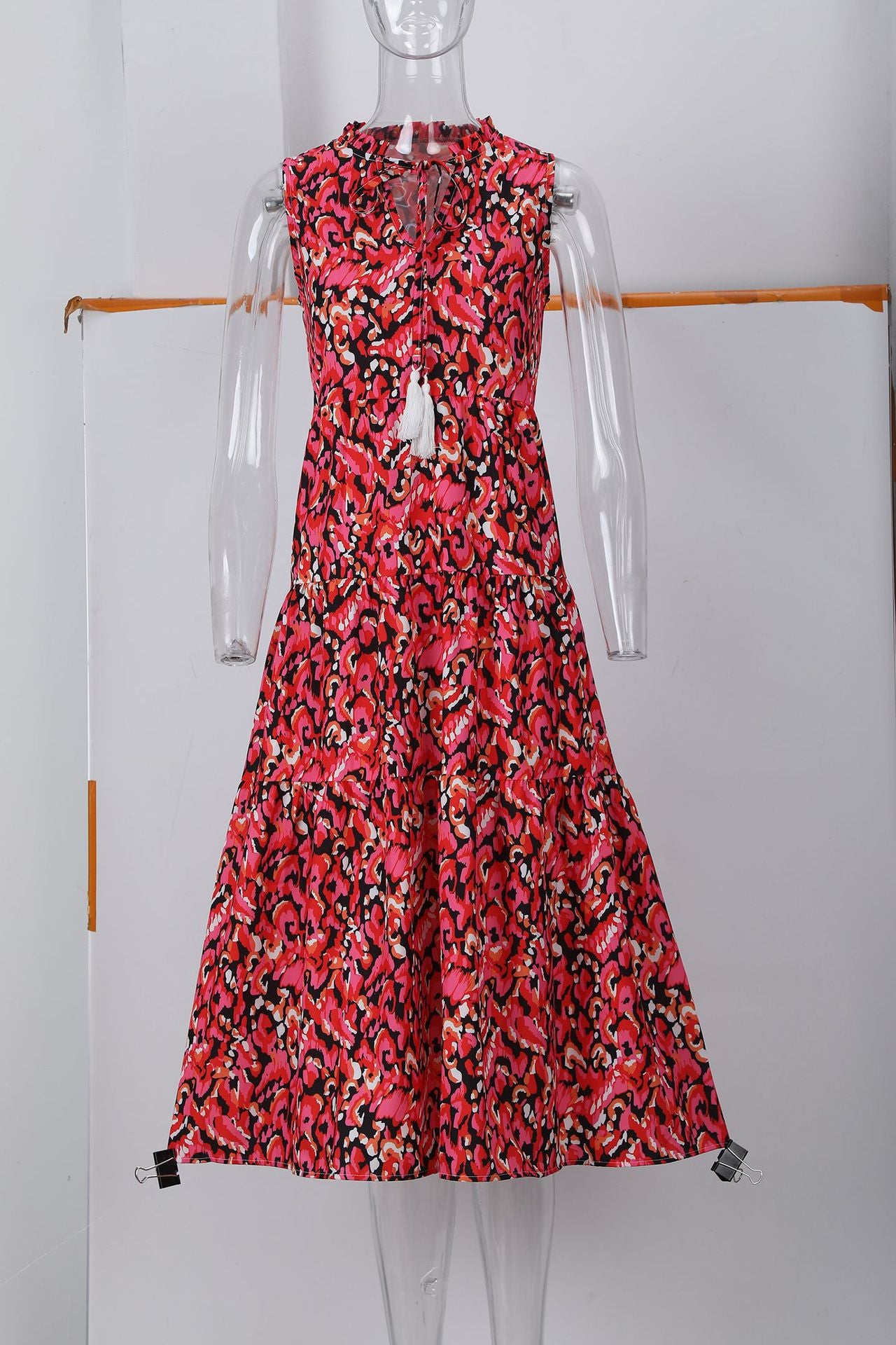 Sleeveless V-neck abstract-print dress in bright red with full skirt