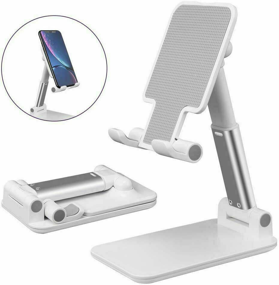 White foldable phone stand with angled back pad and adjustable cradle