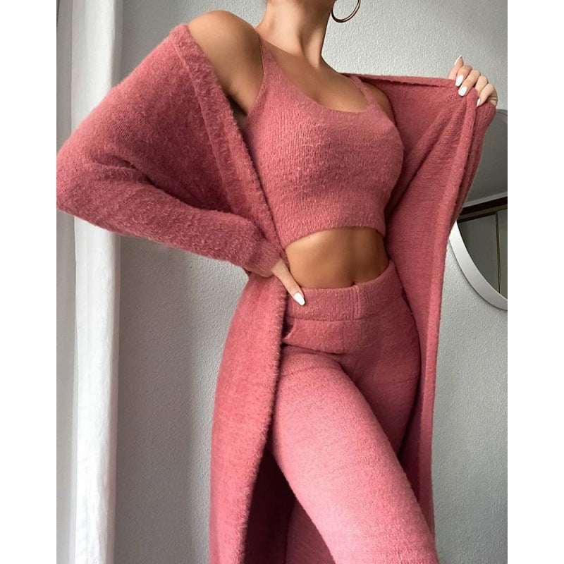Rose pink 3-piece lounge set with open long-sleeve robe, crop top, and pants