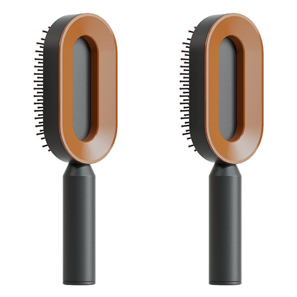 Self-cleaning hair brush with orange oval cleaning head and black handle, hair pick bristles visible.