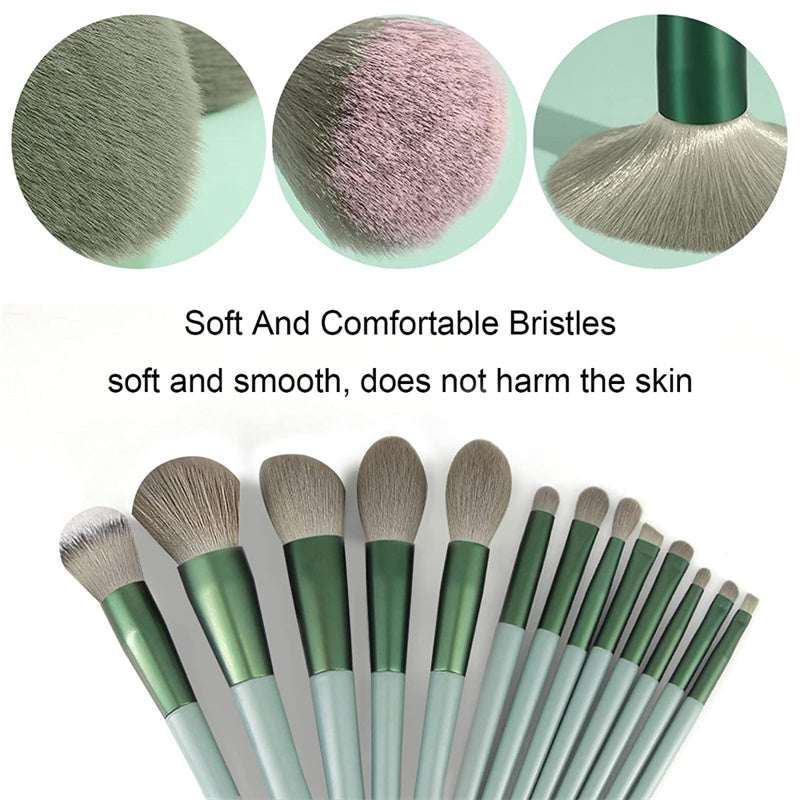 Makeup brush set showing dense bristles in green sleeves with light handles