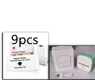 Mint mini thermal label printer with white packaging, cable, and label rolls