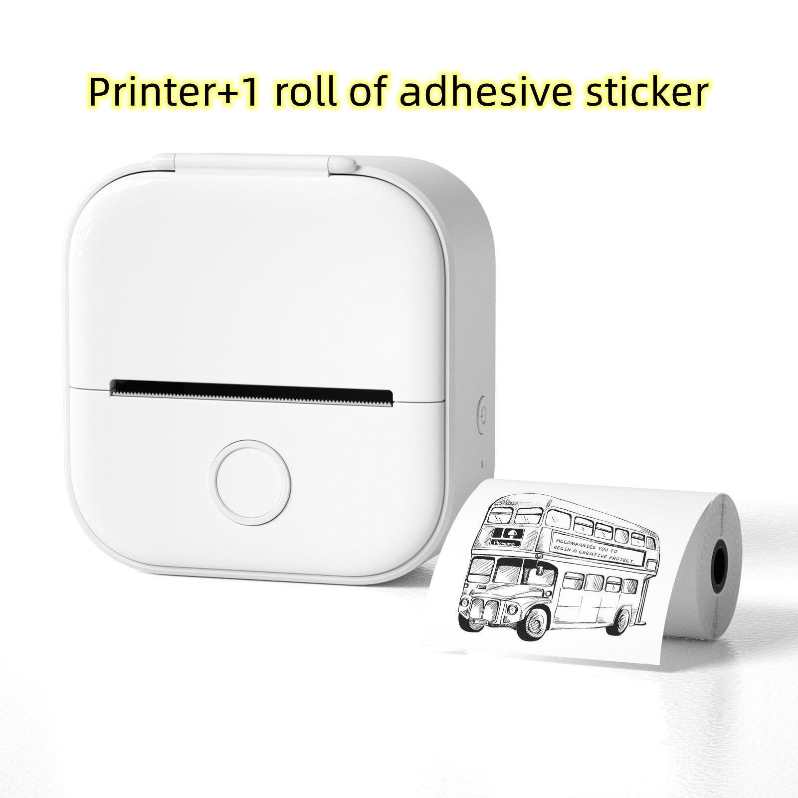 Portable mini thermal label printer with adhesive sticker roll, white body.