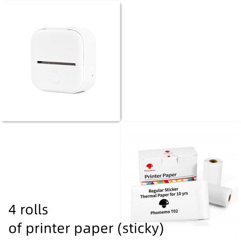 Portable mini thermal label printer, white body, with printer paper rolls and box.