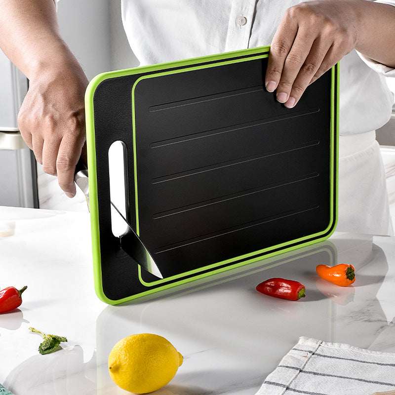 Square cutting board, black double-surface with green frame and knife sharpener slot