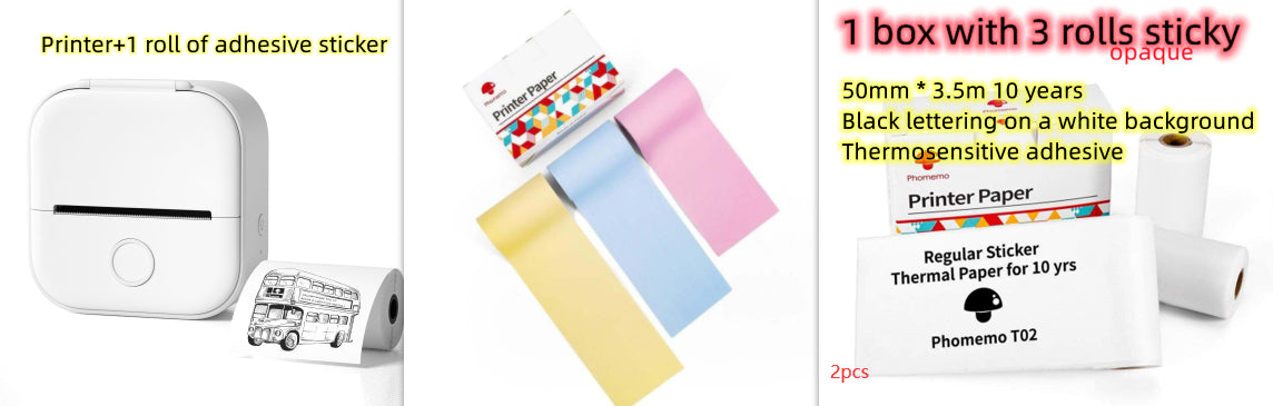 White mini thermal label printer with pastel roll label paper and label strip