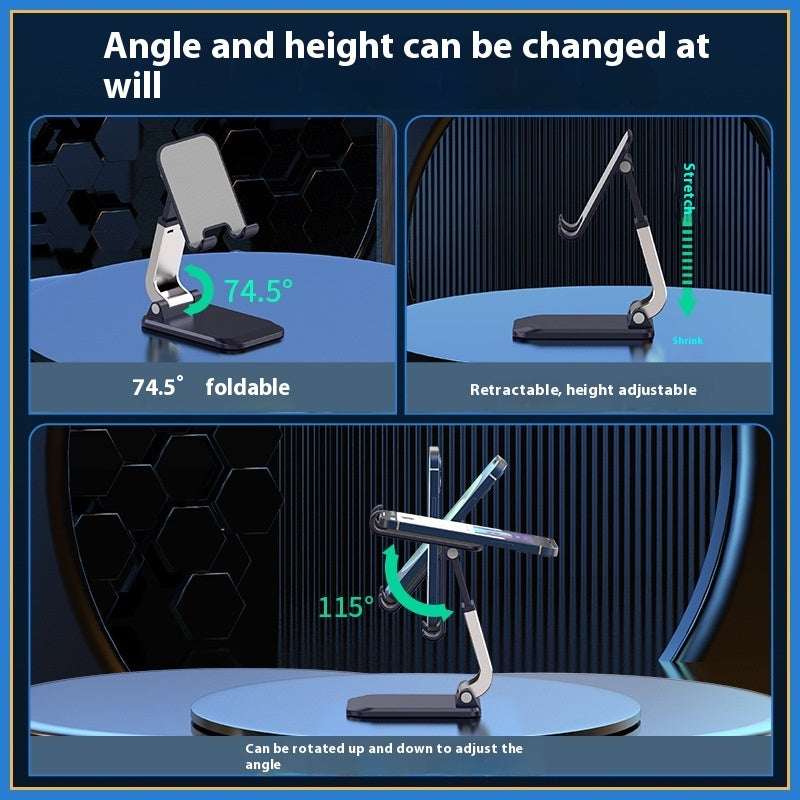 Adjustable folding mobile desktop stand with height and angle settings, rotatable platform