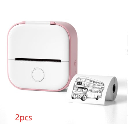 Portable mini thermal label printer with pink body and 2pcs thermal paper rolls