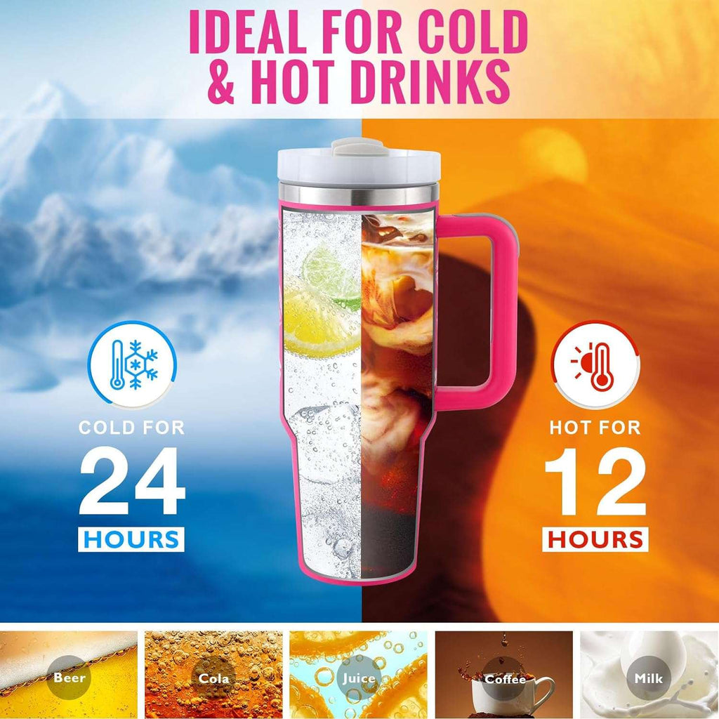 Insulated travel tumbler with handle and straw, silver body, pink handle