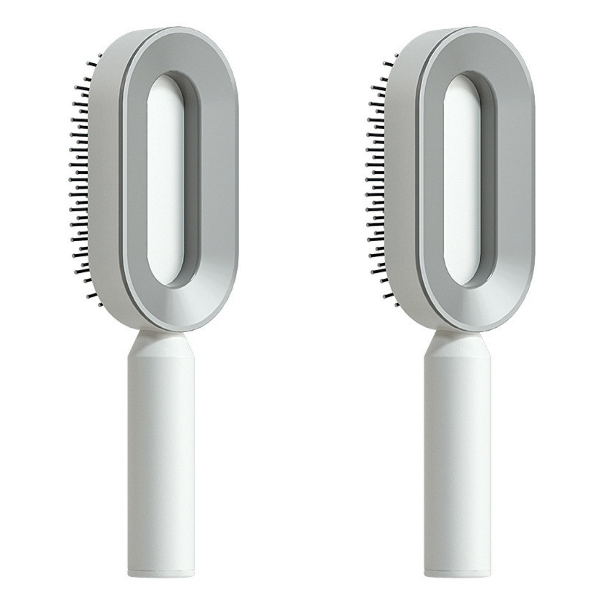 Self-cleaning hair brush with gray oval cleaning head and white handle, hair pick bristles visible.