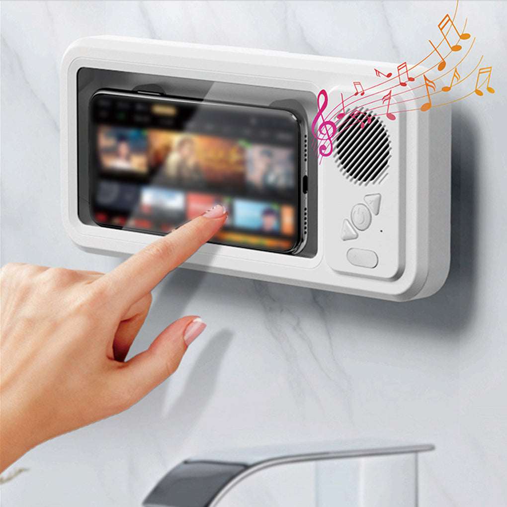 White waterproof phone box speaker with touch-screen window, finger on screen