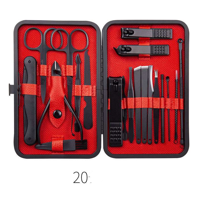 Red nail grooming tool set with scissors, clippers, cuticle tools, and nail files