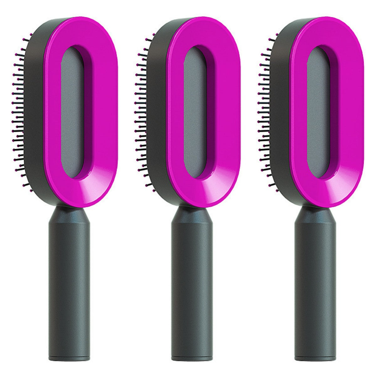 Self-cleaning hair brush set with three purple oval cleaning heads and dark gray handles.