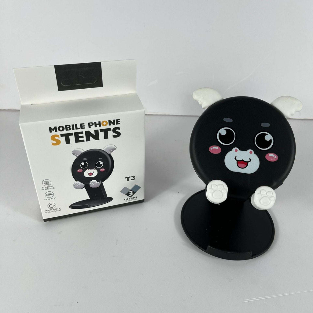 Black bear cartoon phone stand with fold-out base and paw grips