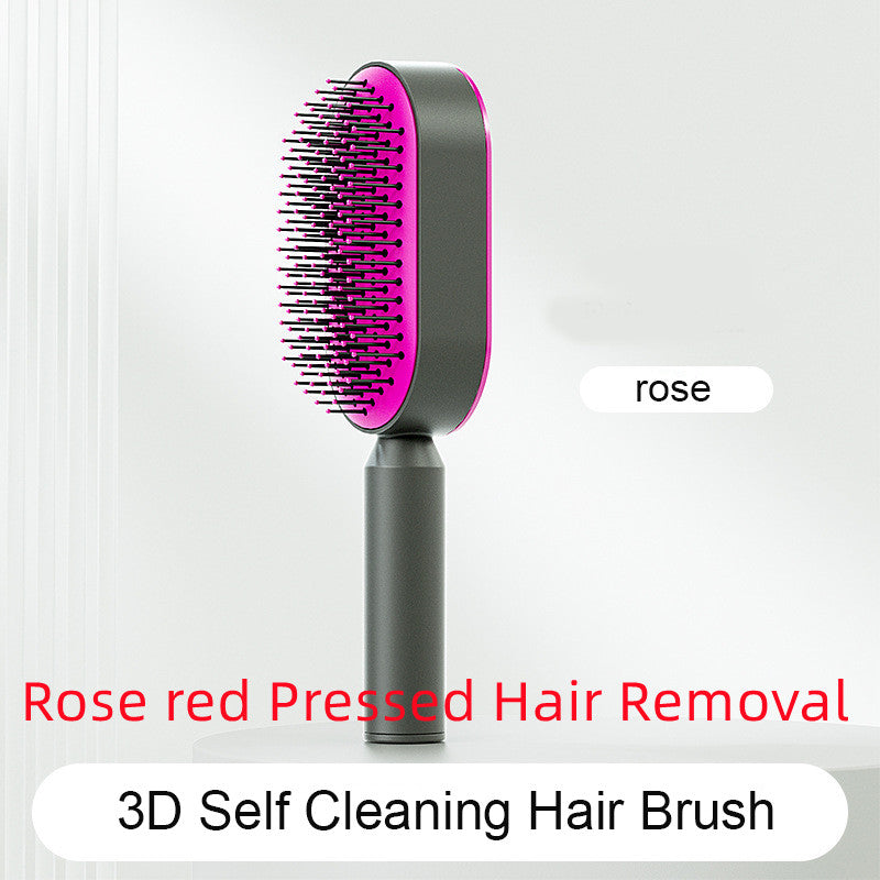 Self-cleaning hair brush with rose-red bristle pad and black handle