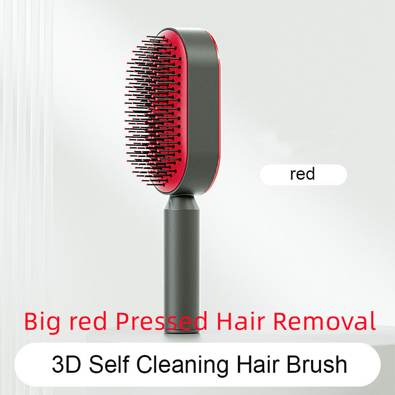 Self-cleaning hair brush with red bristle pad and black handle
