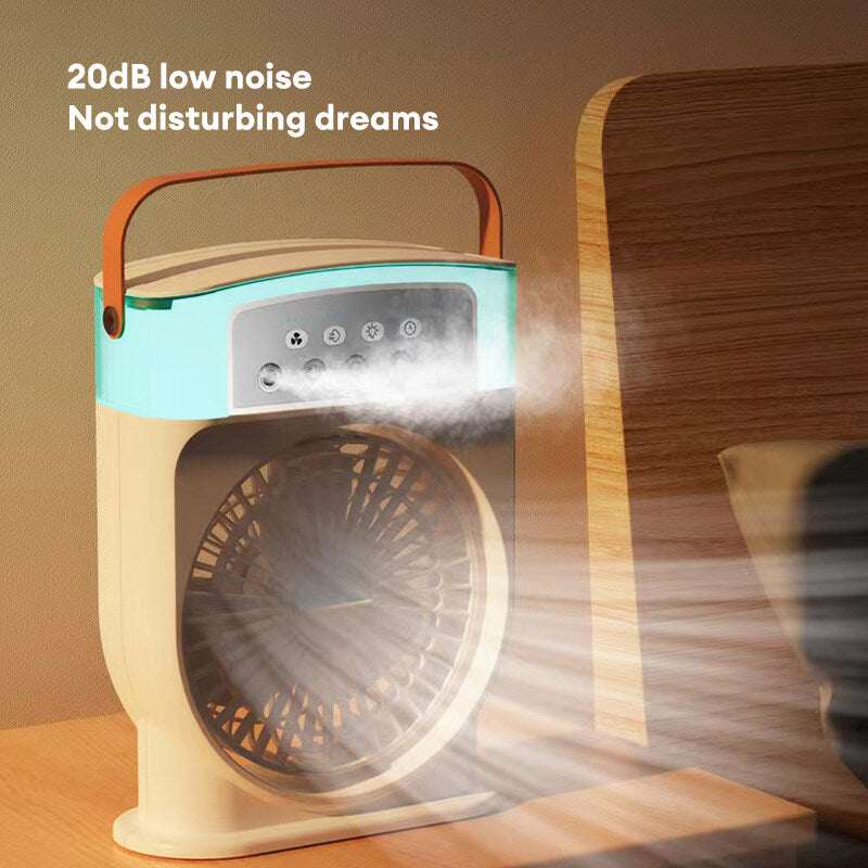 Portable USB air conditioner cooling fan with blue LED glow, orange handle and mist