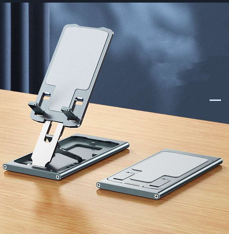 Foldable mobile phone stand with textured support pad and metal feet