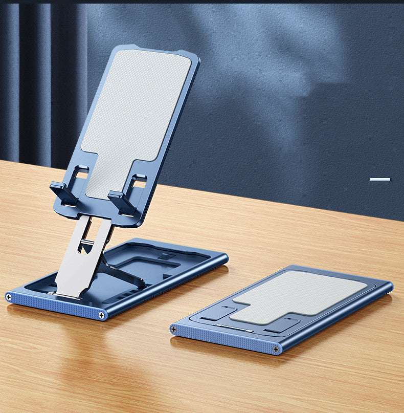 Foldable aluminum mobile phone stand with upright cradle and compact foldable base
