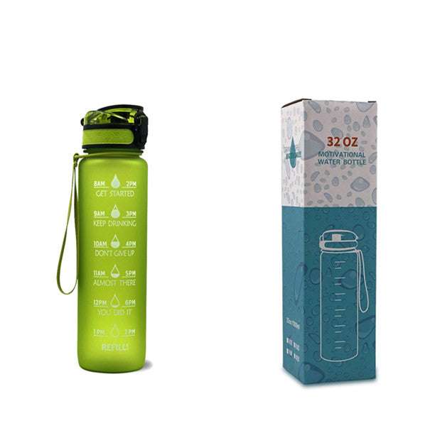 Motivational water bottle with time markers, green bottle and matching box