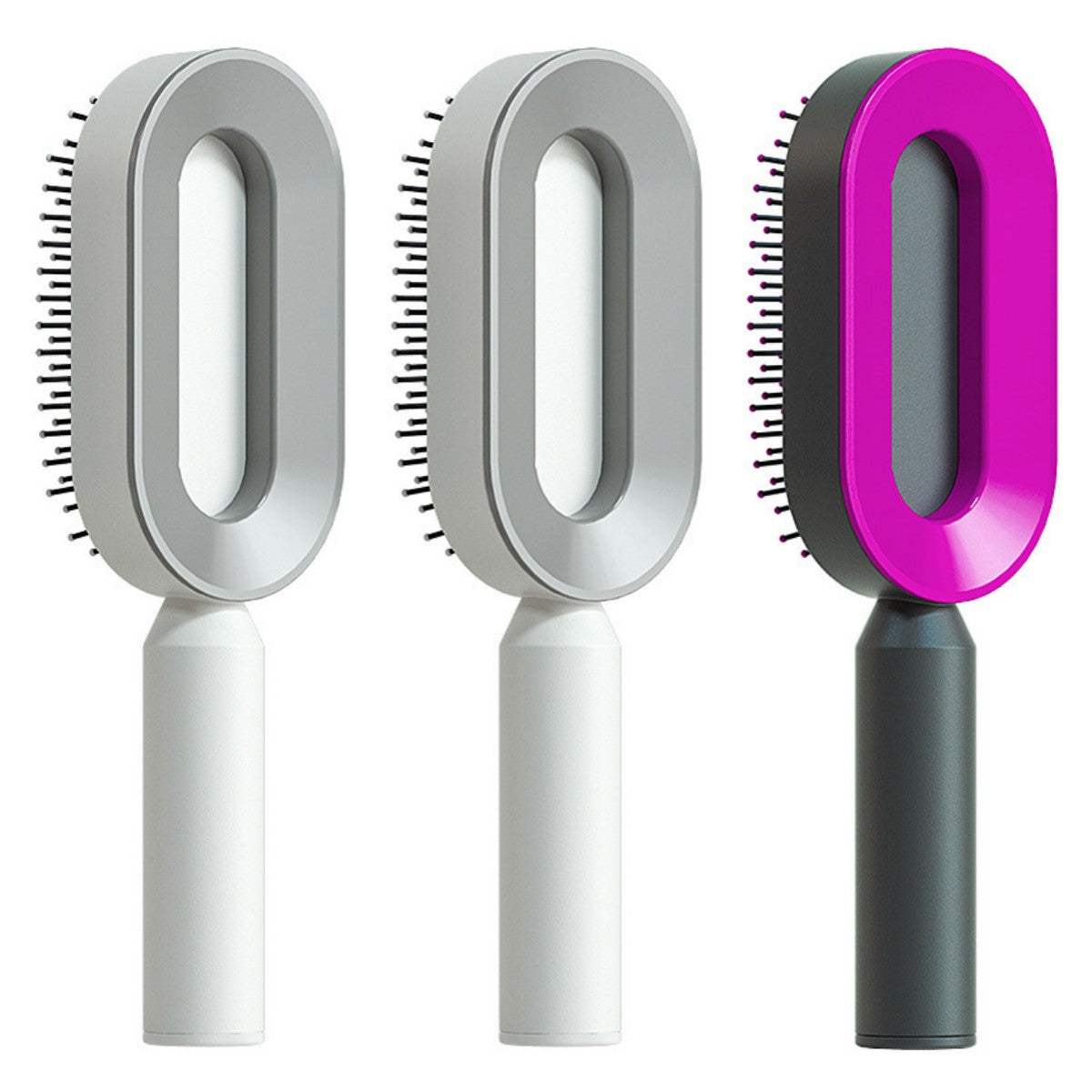 Self-cleaning hair brush set with white handles and oval bristle pads: light gray and purple