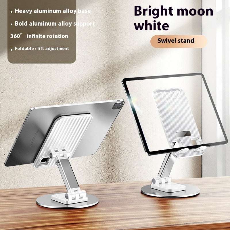 White desktop swivel tablet stand with foldable arms and metal base