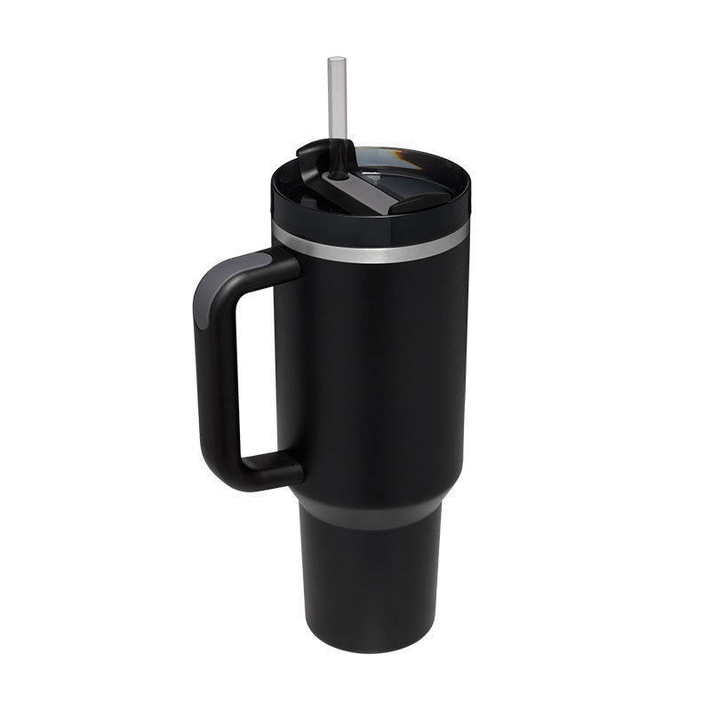 Black insulated travel tumbler with handle, lid, and clear straw