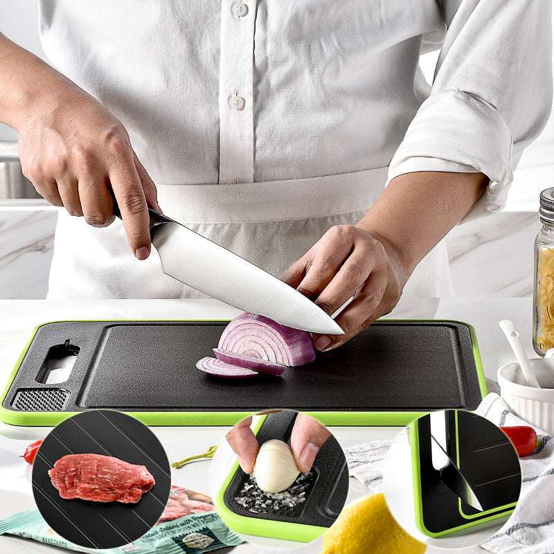 Grey square cutting board with green border and knife sharpener, knife slicing food