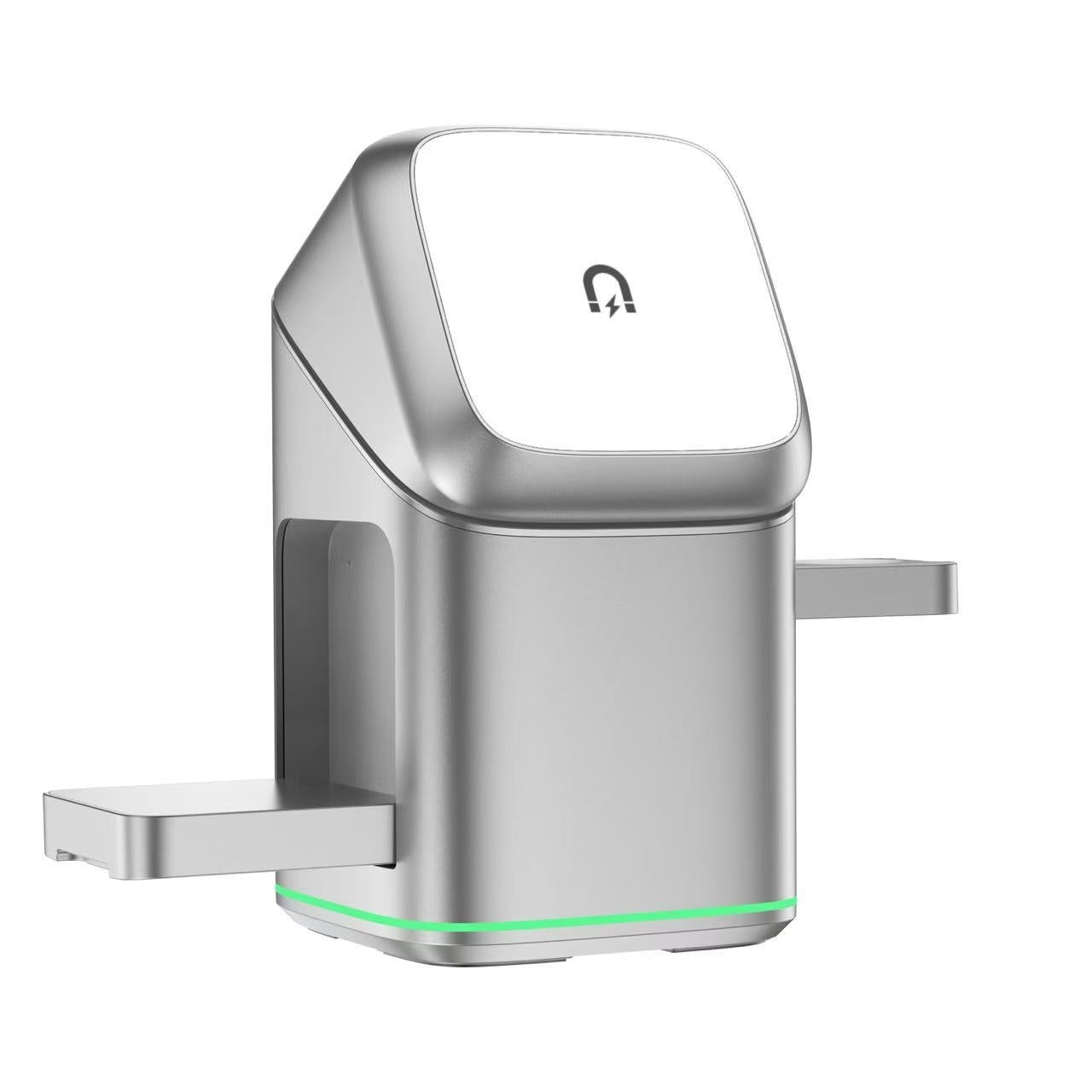 Silver three-in-one wireless charging stand with phone cradle and side accessory arms