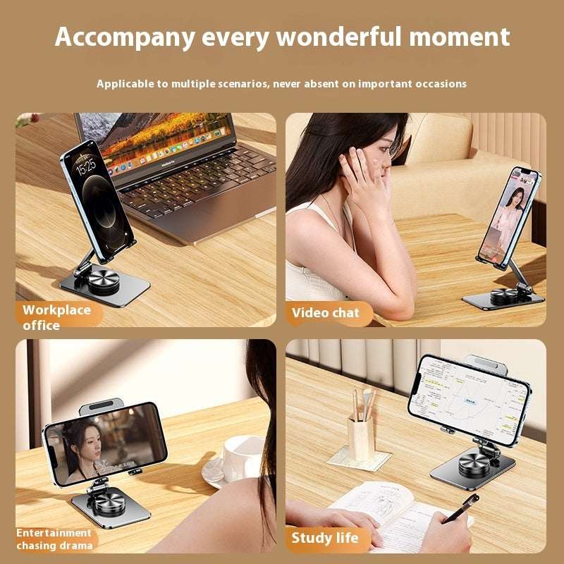 Rotatable mobile tablet stand with metal base and angled phone cradle